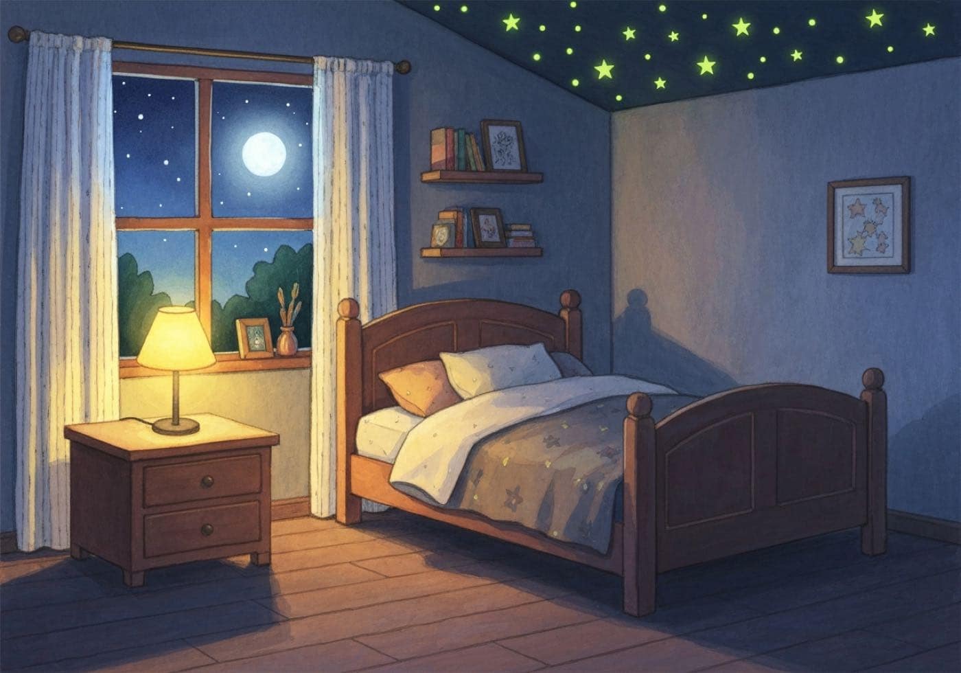 A child's bedroom at night, a lamp lit beside the bed, the moon at the window and glow stars on the ceiling.