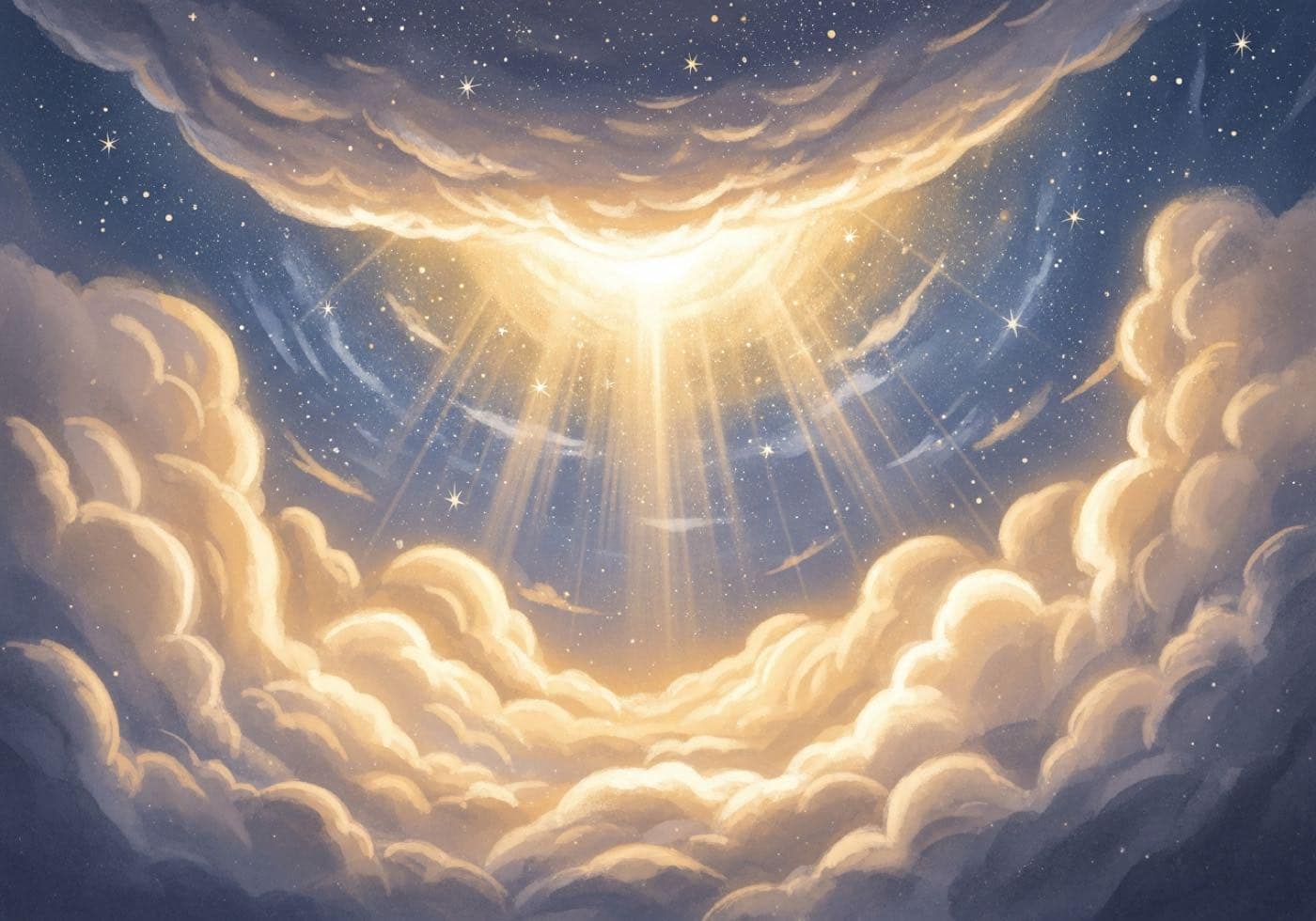 Towering clouds parting around a burst of golden light in a deep blue, star-scattered sky.