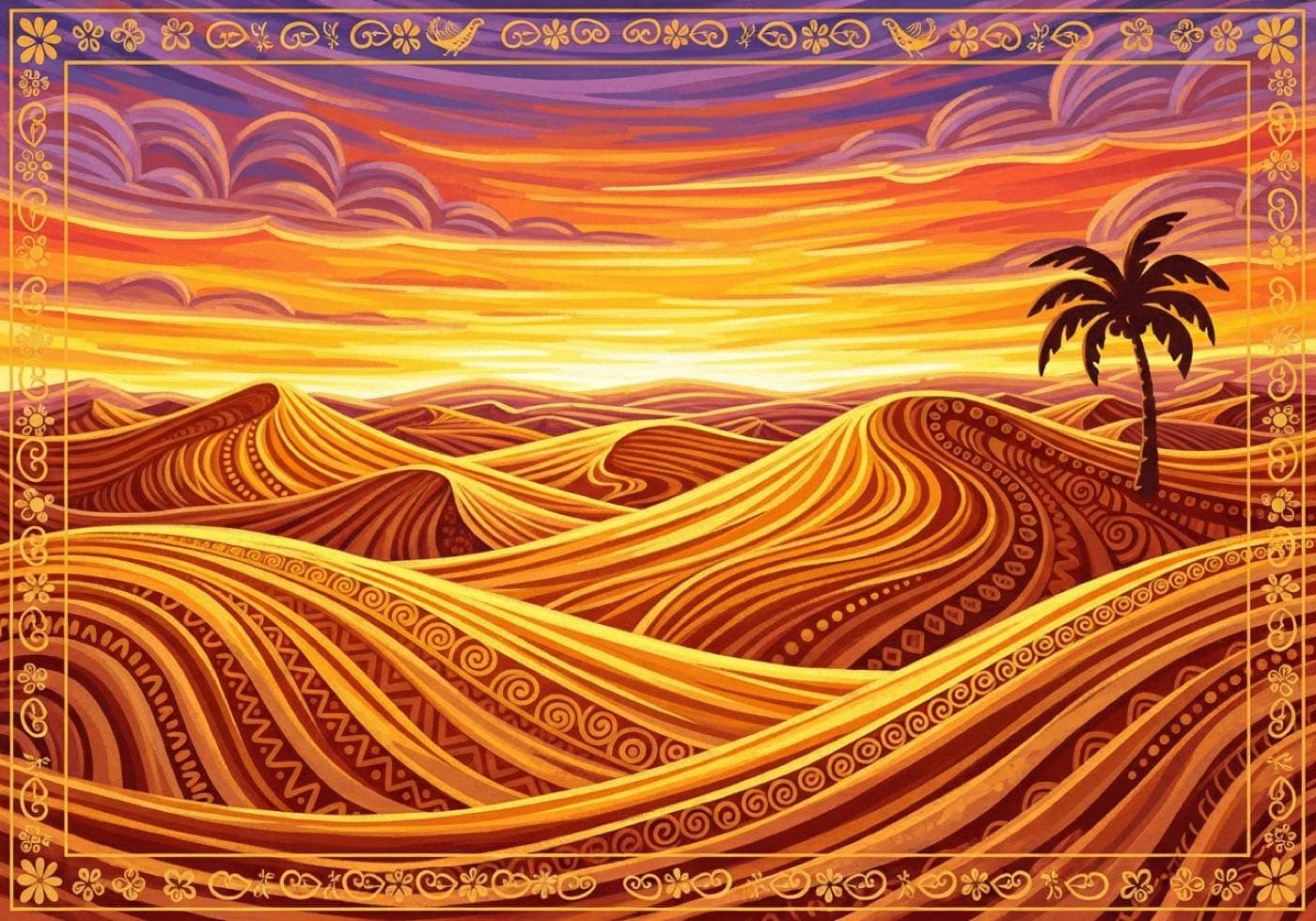 Desert dunes at sunset, their slopes filled with folk-art spirals and zigzag line-work, a single palm on the ridge.