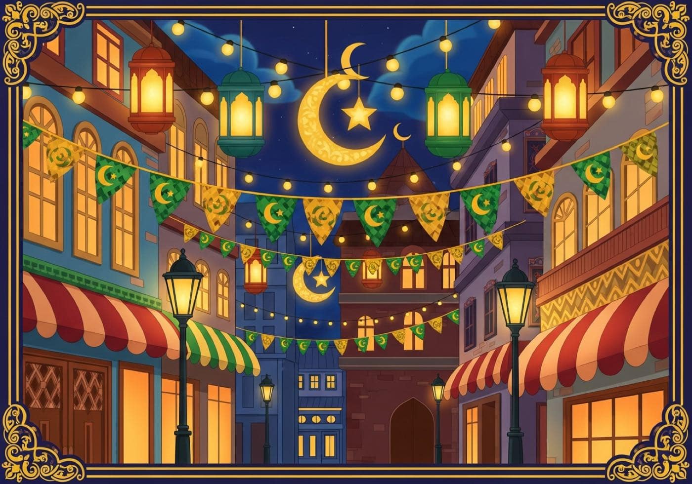 A narrow street at night strung with bunting and lanterns, a crescent moon and star hanging between the buildings.