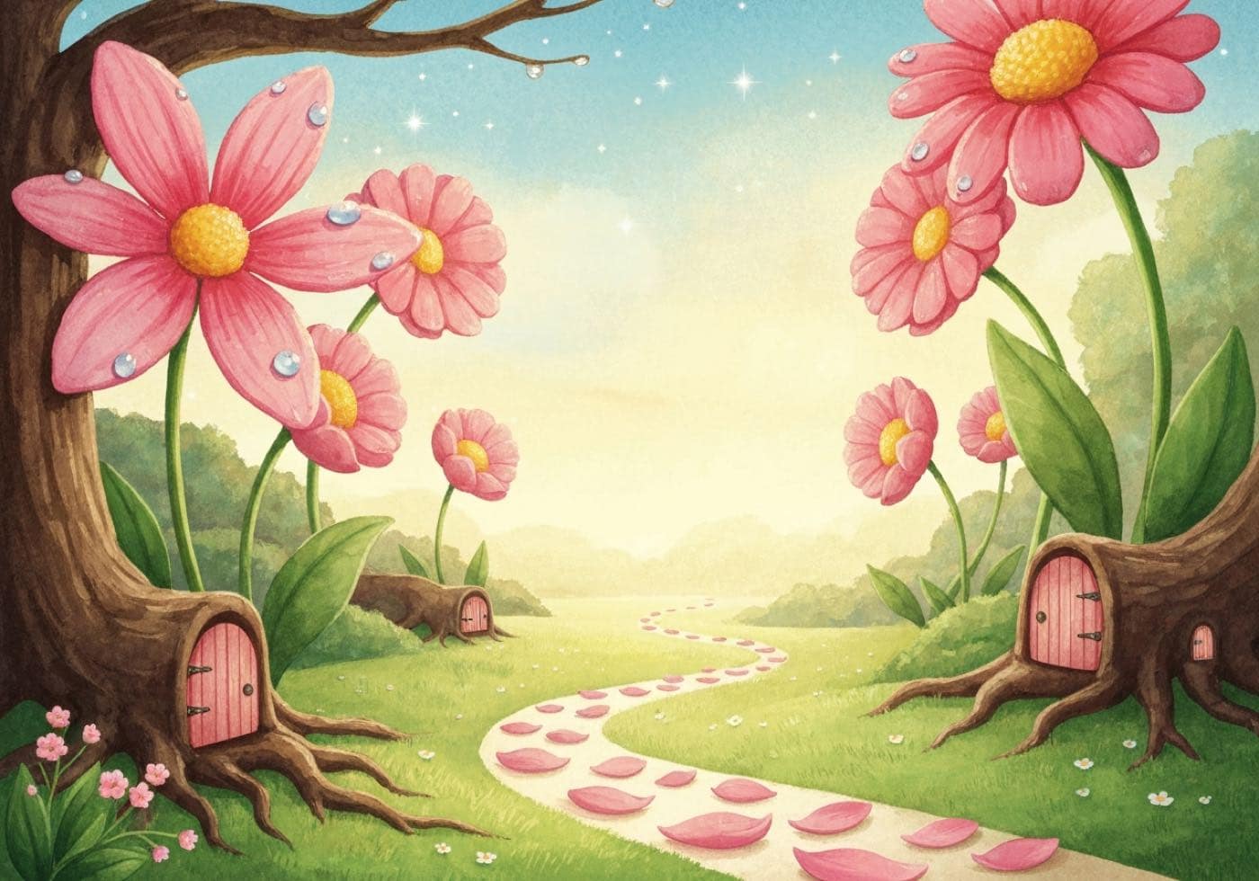 An oversized flower garden with small pink doors set into the tree roots and a petal-strewn path.