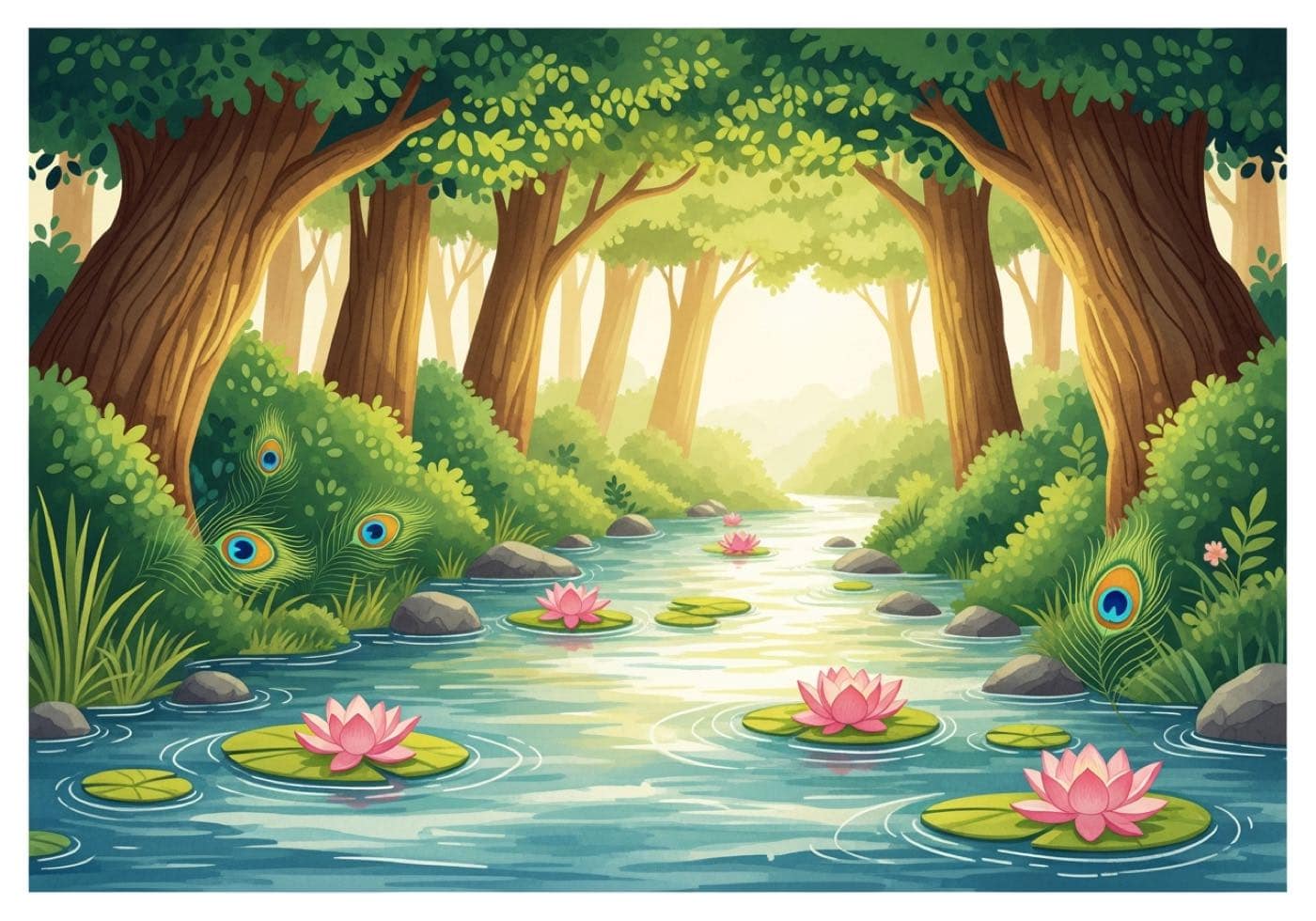 A slow green river between old trees, pink lotus flowers on lily pads and peacock feathers in the undergrowth.