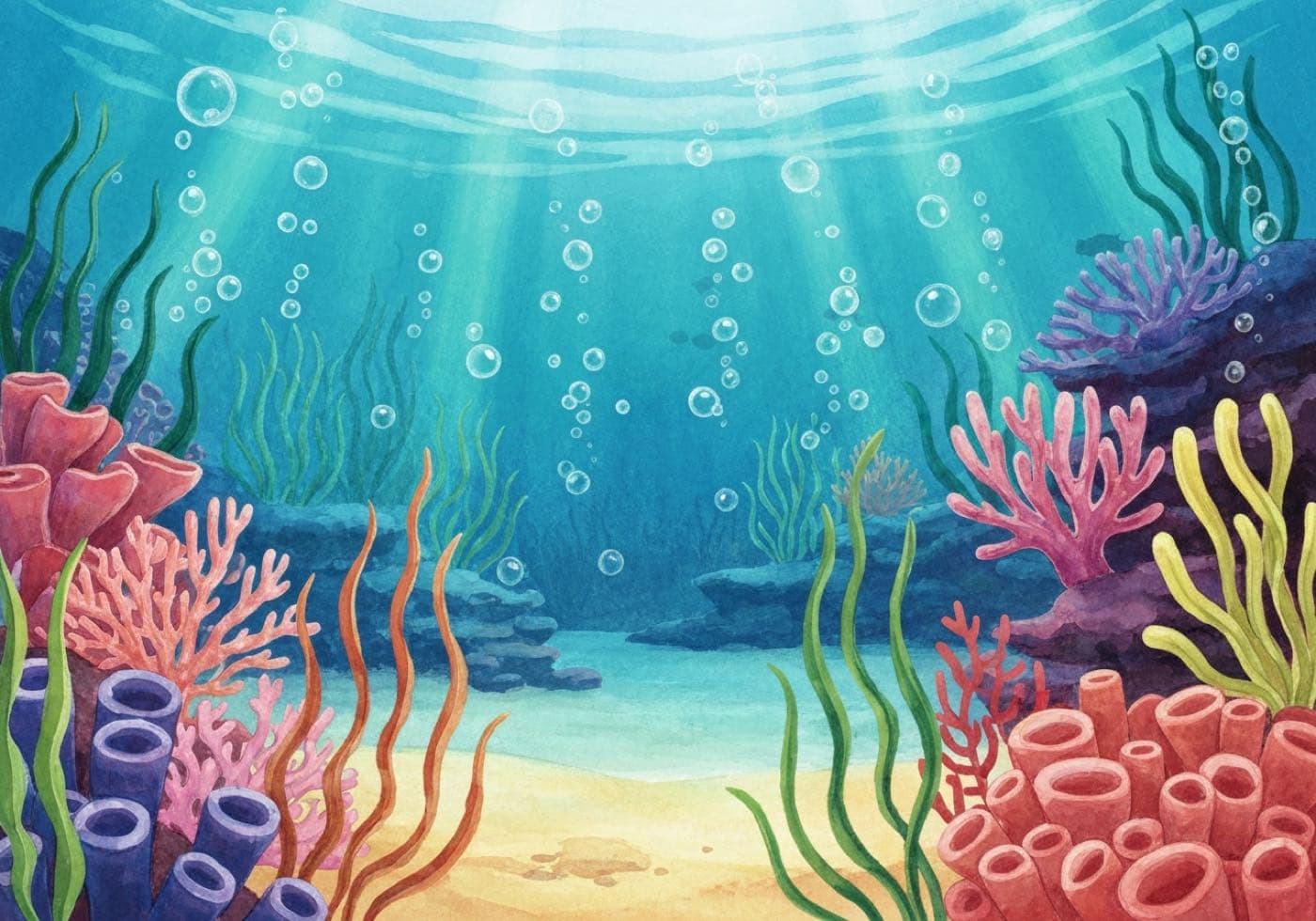 An underwater scene of coral, seagrass and fish lit by sunlight falling through the surface.