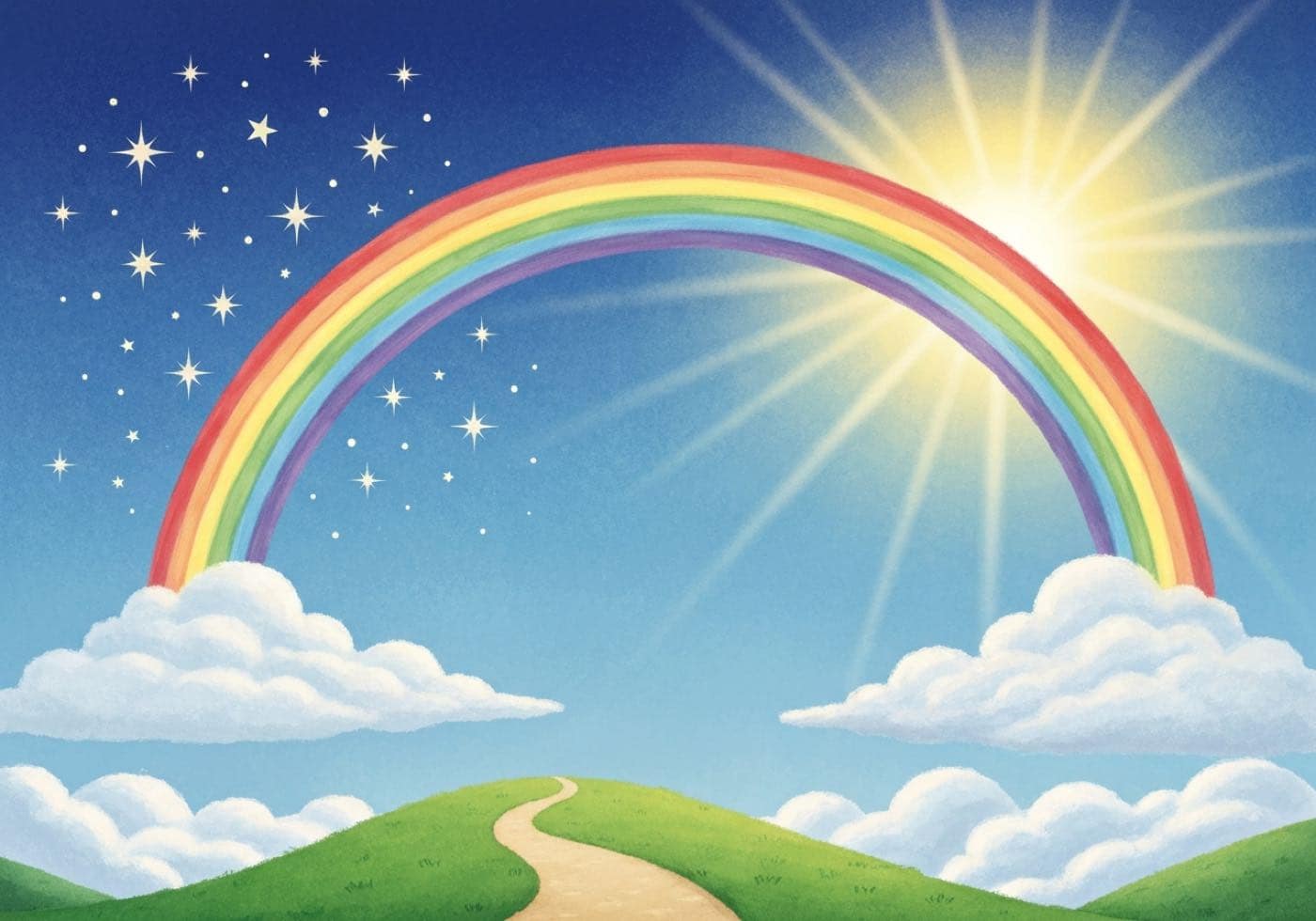 A rainbow arching between two banks of cloud over green hills, with a path winding away beneath it.
