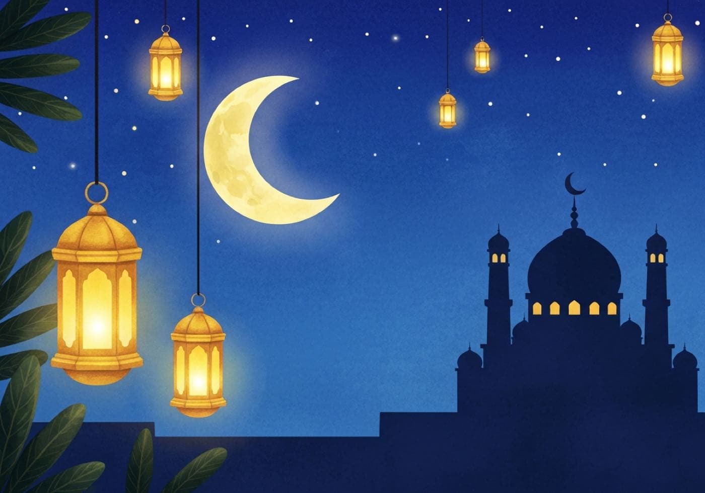 A deep blue evening sky with a crescent moon, hanging lanterns and the silhouette of a mosque.