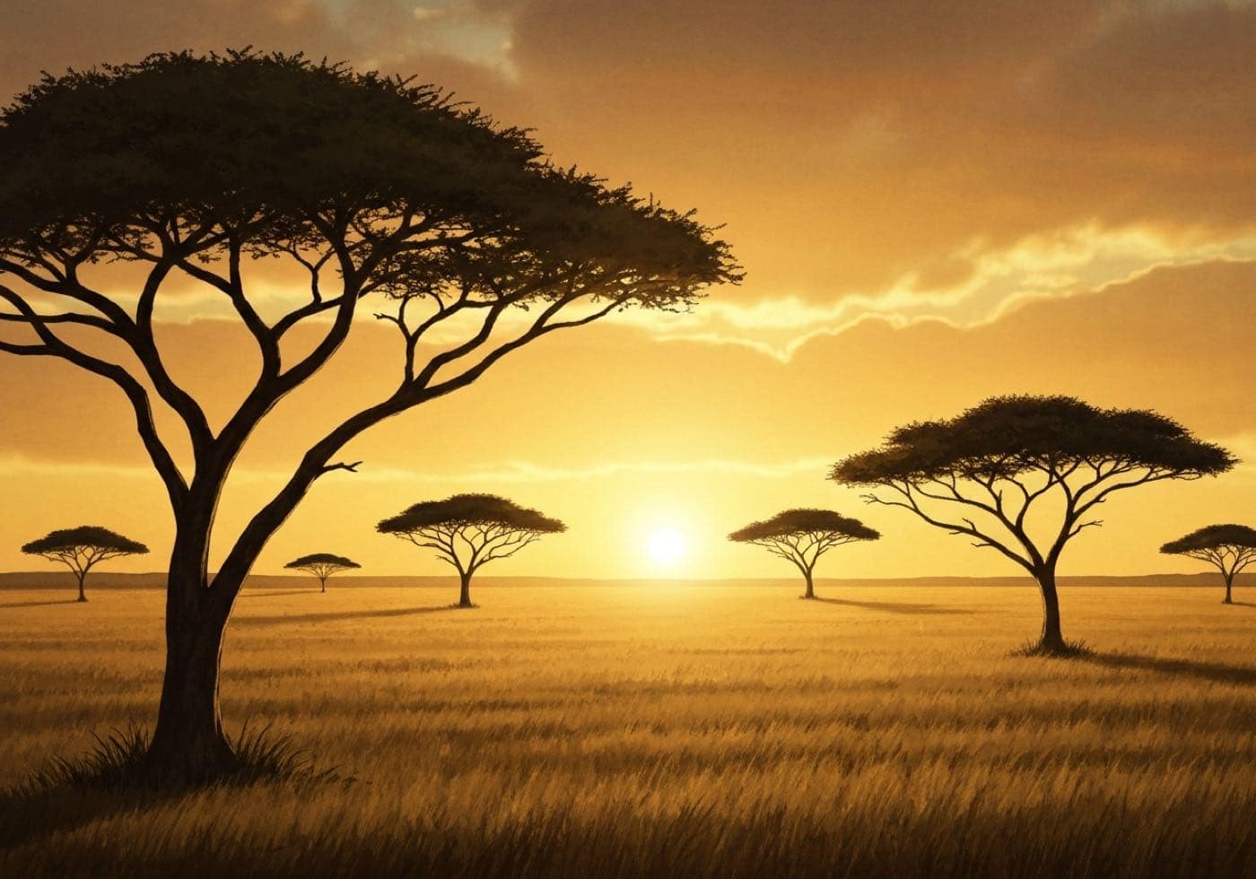 Acacia trees silhouetted across open grassland, the sun low and gold on the horizon.