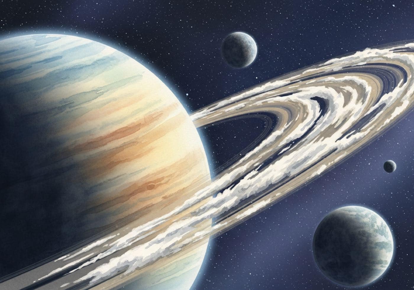 A ringed planet hanging over a starfield, with smaller moons scattered across the dark.